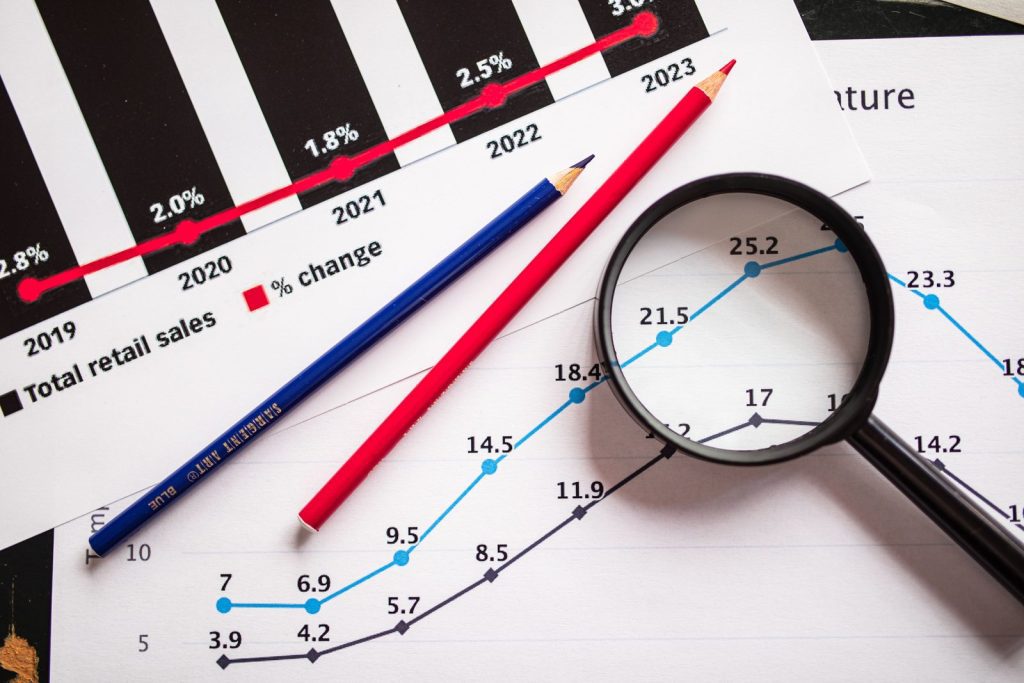 Printed retail sales charts with a magnifying glass and two coloured pencils resting on top