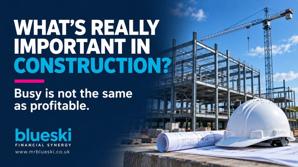 What's really important in construction: busy is not the same as profitable — steel frame building under construction with a tower crane, hard hat and drawings