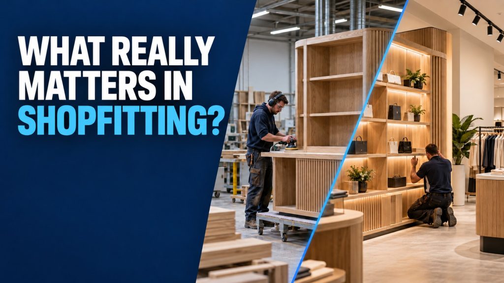 What really matters in shopfitting? Joiner sanding a unit in the workshop alongside the finished retail fit-out installed in store