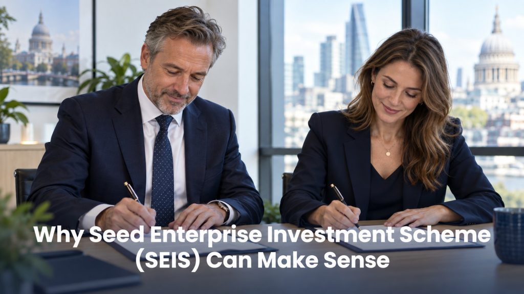 Why Seed Enterprise Investment Scheme (SEIS) can make sense — two investors signing documents in a London office overlooking St Paul's Cathedral