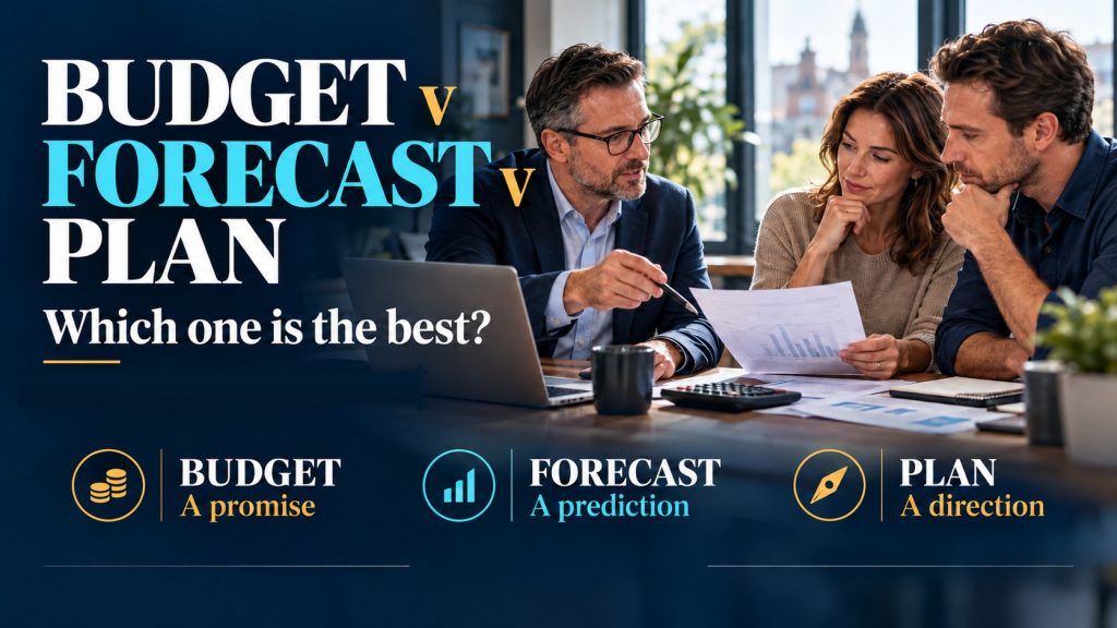 Budget v Forecast v Plan: which one is the best? Budget a promise, forecast a prediction, plan a direction — three colleagues reviewing charts in a meeting