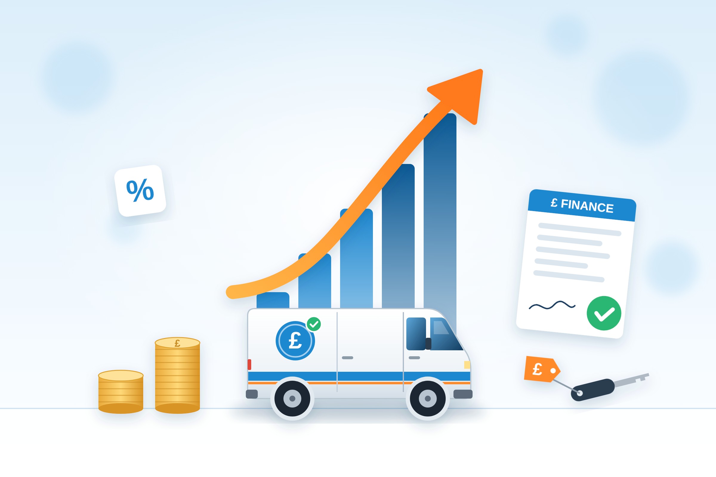 Illustration of a van dealership with charts showing turnover and profit growth